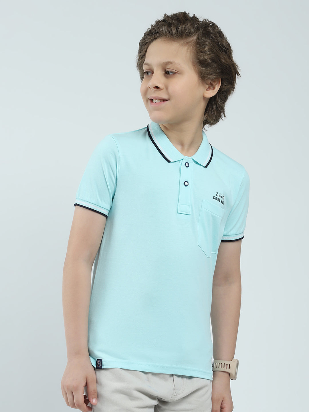 Boys Blue Solid Collar Half Sleeve T-Shirt