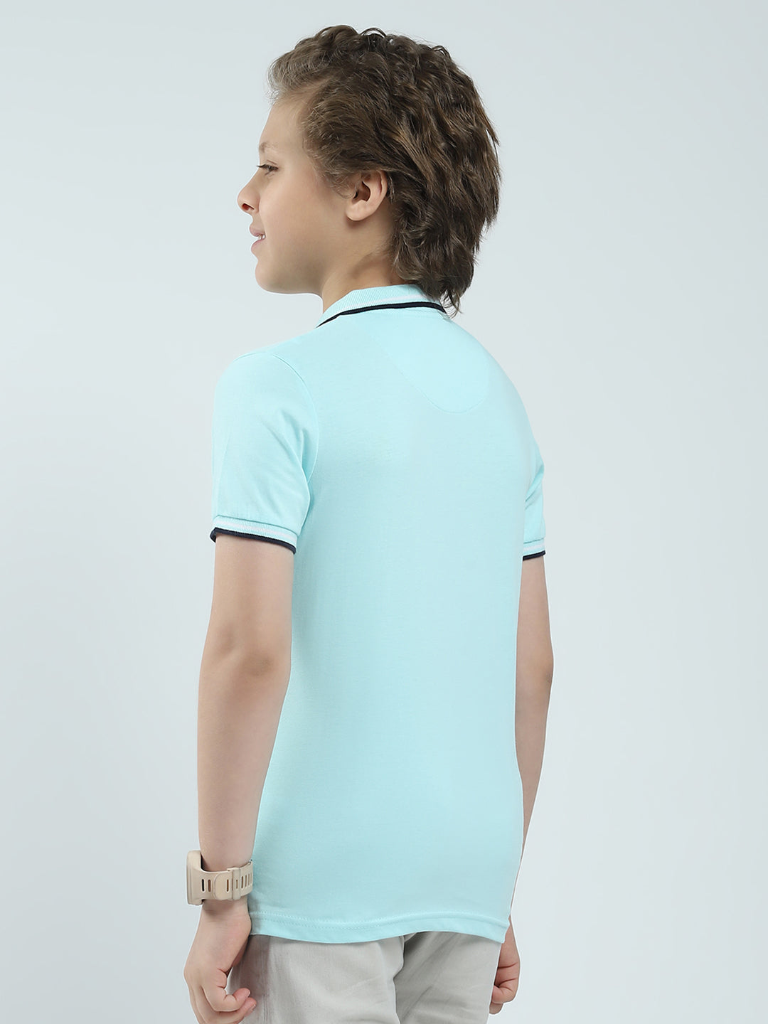 Boys Blue Solid Collar Half Sleeve T-Shirt