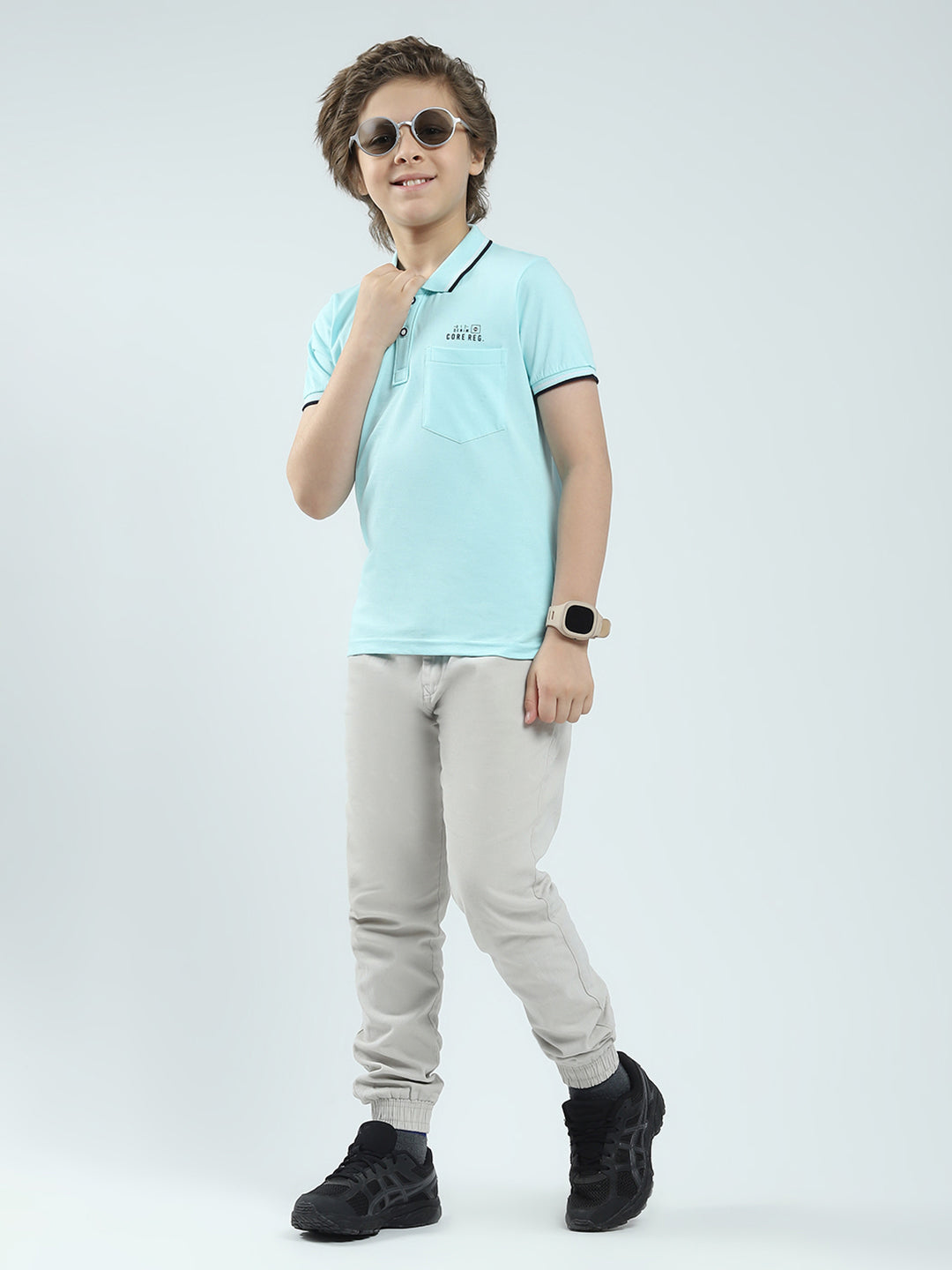 Boys Blue Solid Collar Half Sleeve T-Shirt