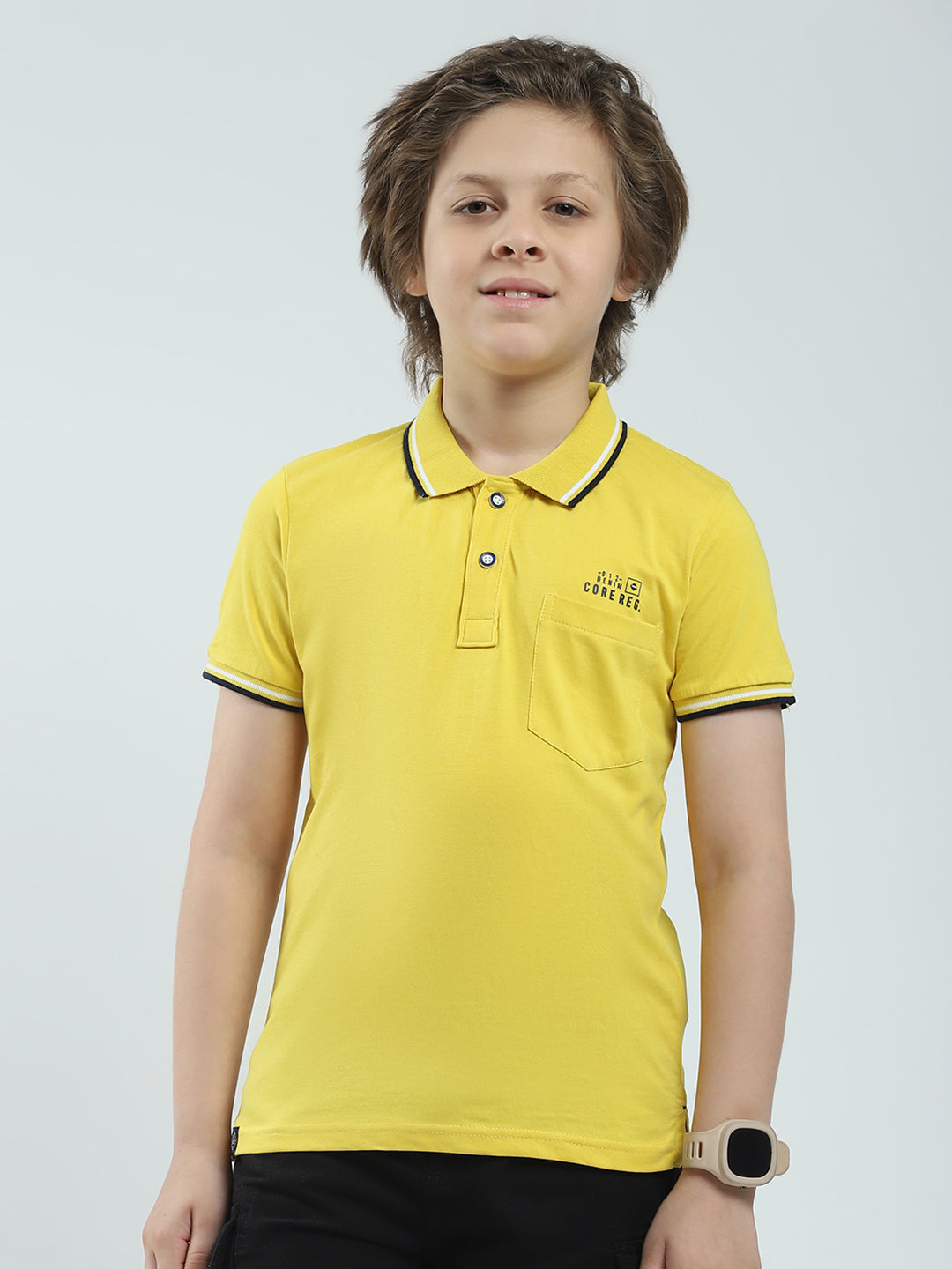 Boys Mustard Solid Collar Half Sleeve T-Shirt