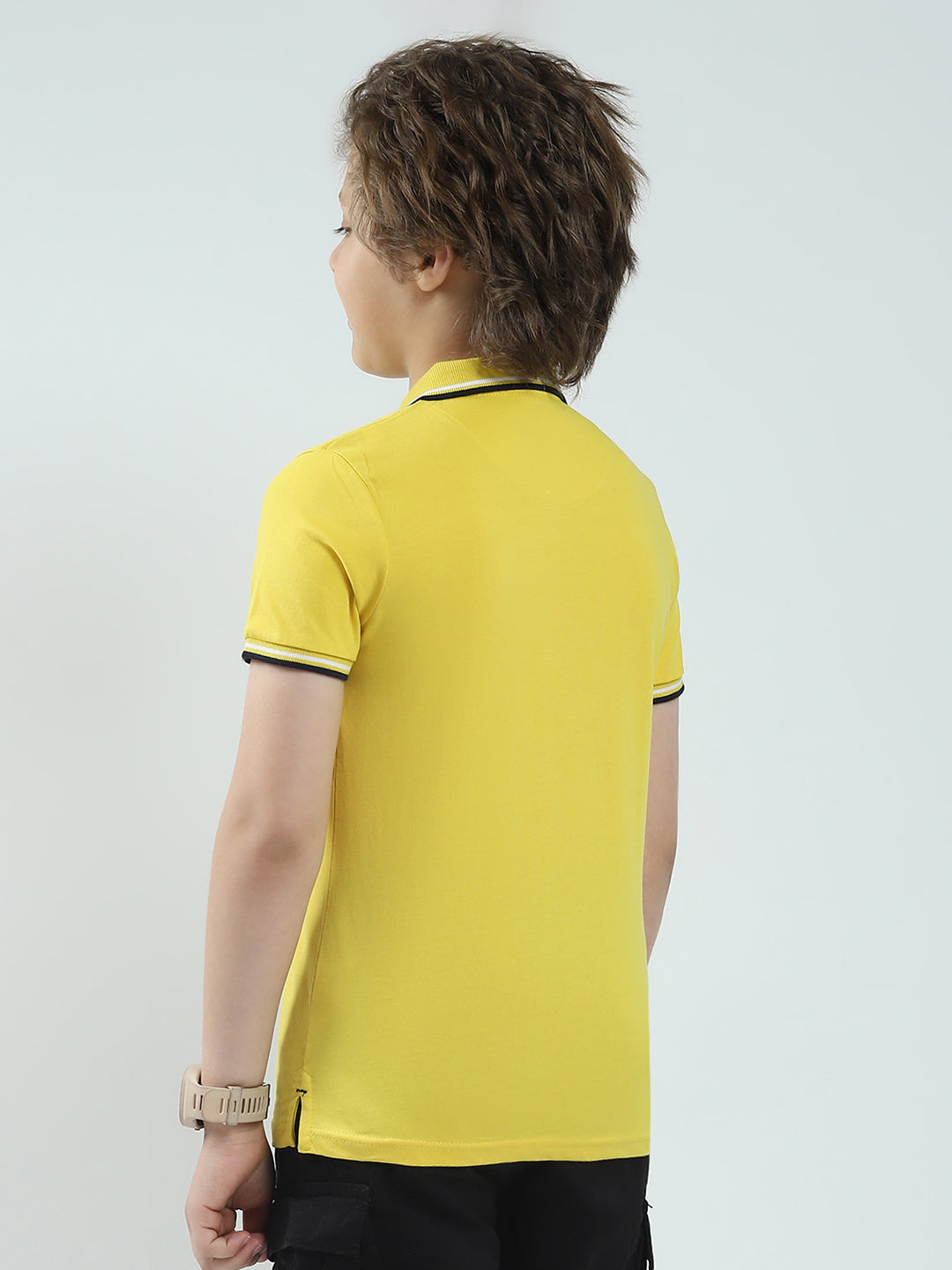 Boys Mustard Solid Collar Half Sleeve T-Shirt