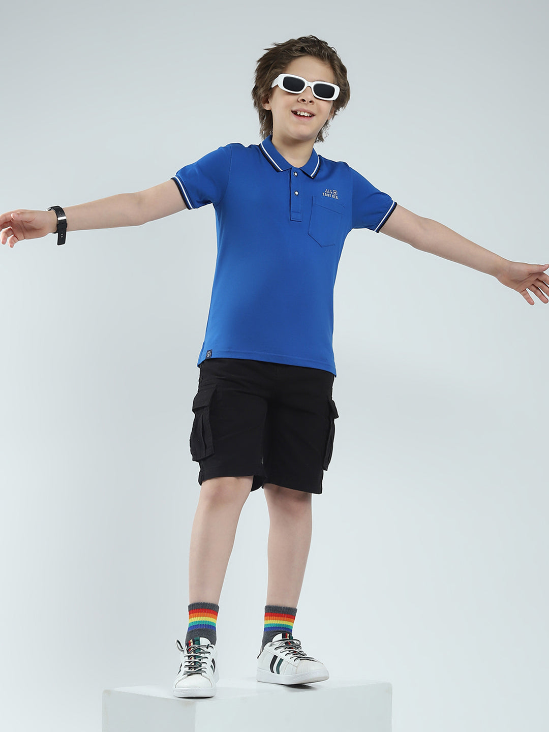 Boys Blue Solid Collar Half Sleeve T-Shirt