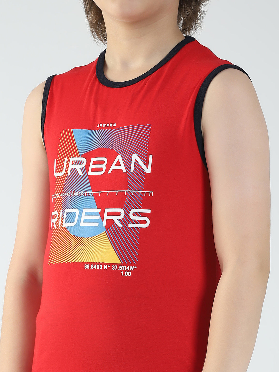 Boys Red & Off White Printed Round Neck Sleeveless T-Shirt (Pack of 2)