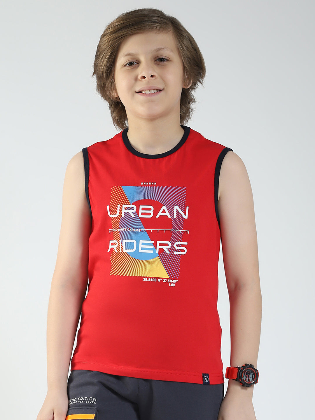 Boys Red & Off White Printed Round Neck Sleeveless T-Shirt (Pack of 2)