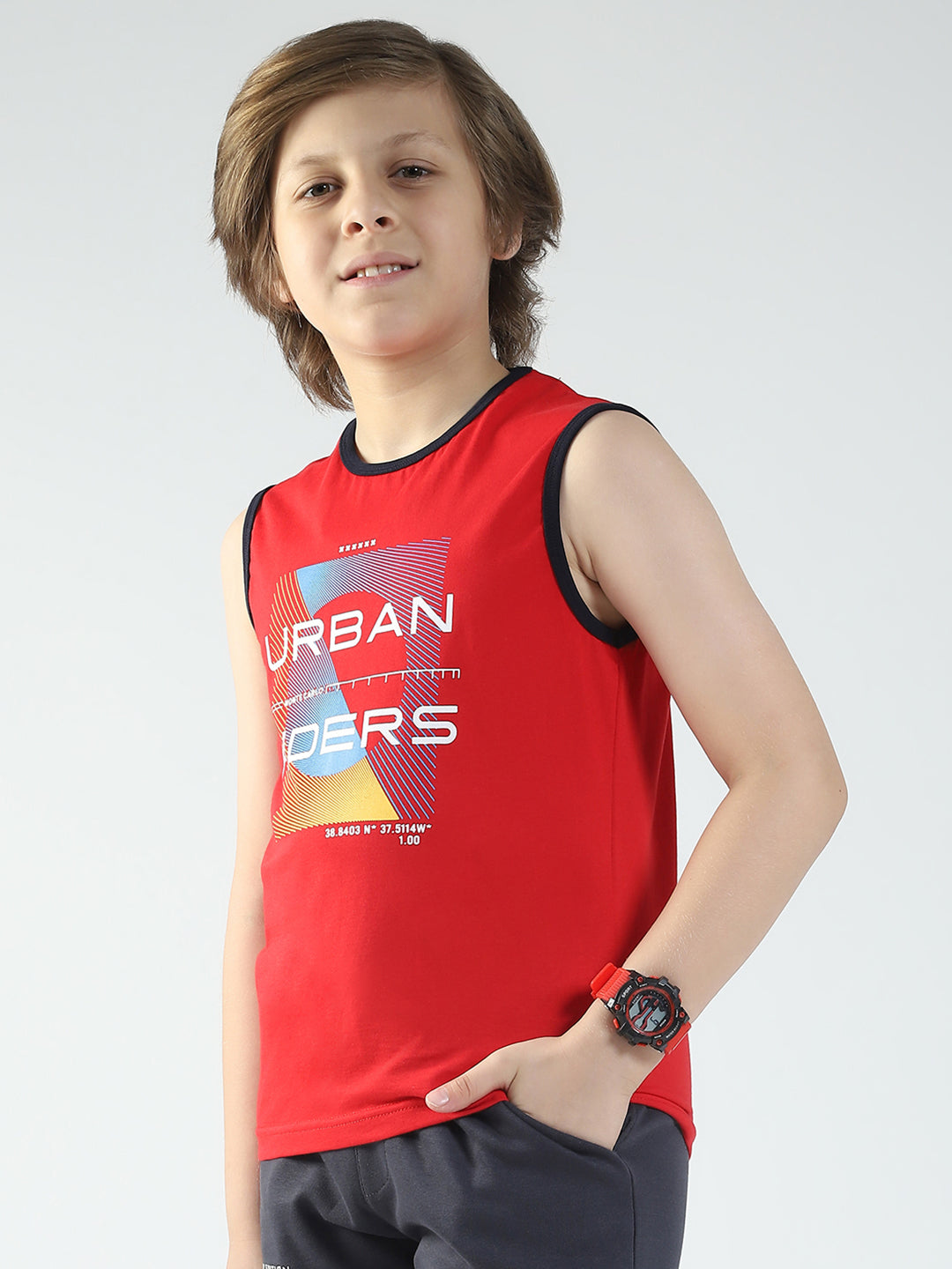 Boys Red & Off White Printed Round Neck Sleeveless T-Shirt (Pack of 2)