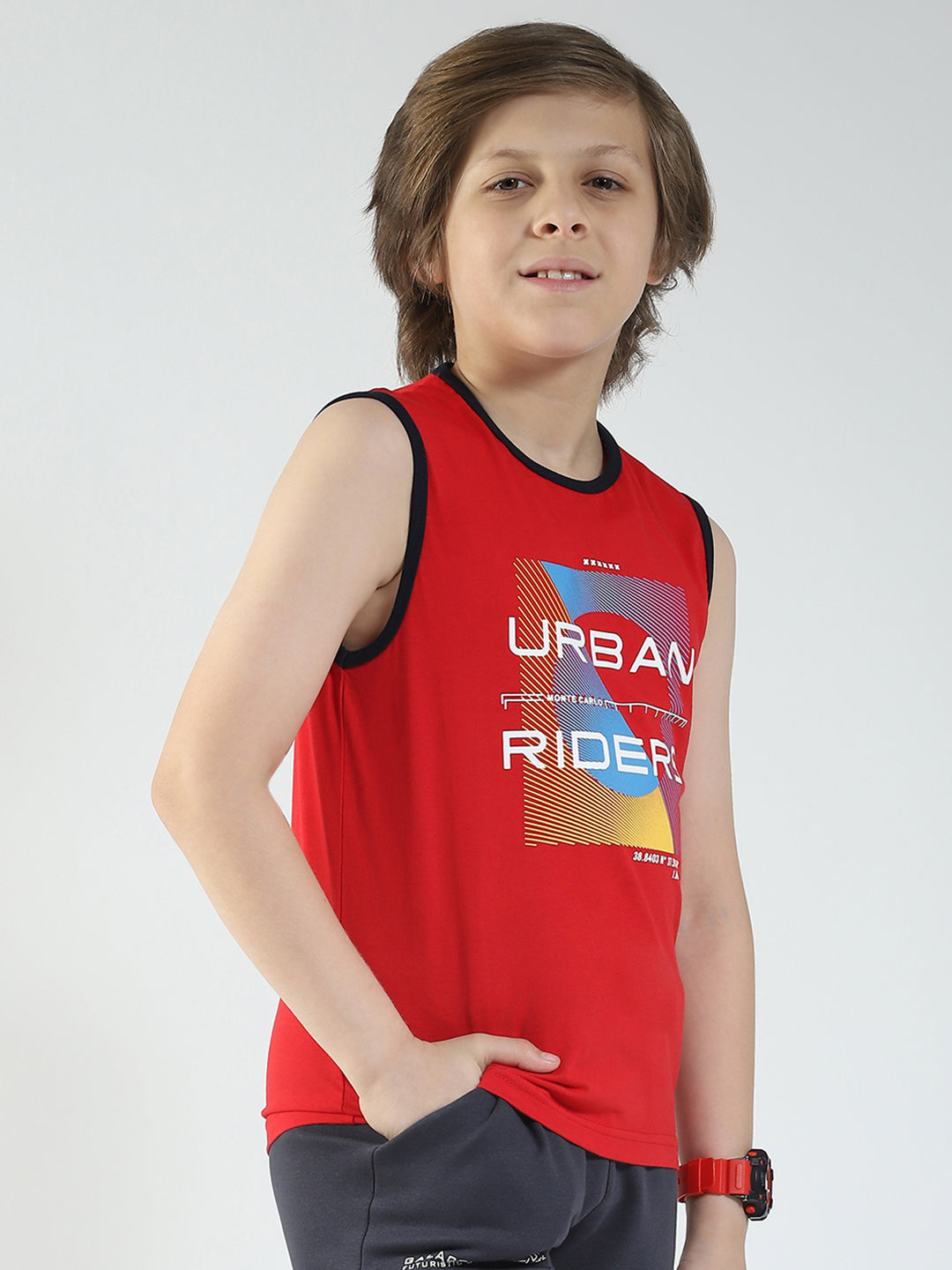 Boys Red & Off White Printed Round Neck Sleeveless T-Shirt (Pack of 2)