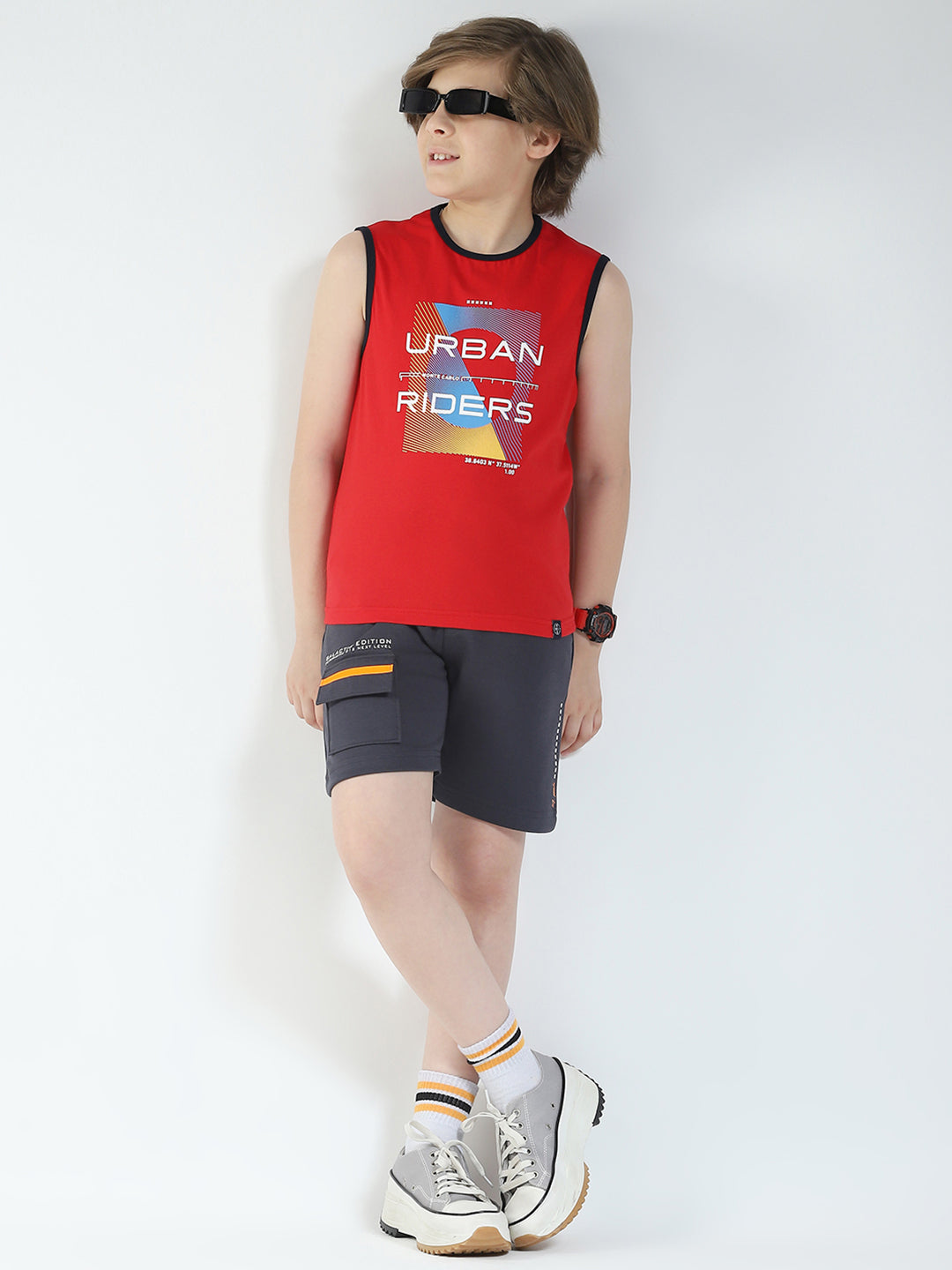 Boys Red & Off White Printed Round Neck Sleeveless T-Shirt (Pack of 2)
