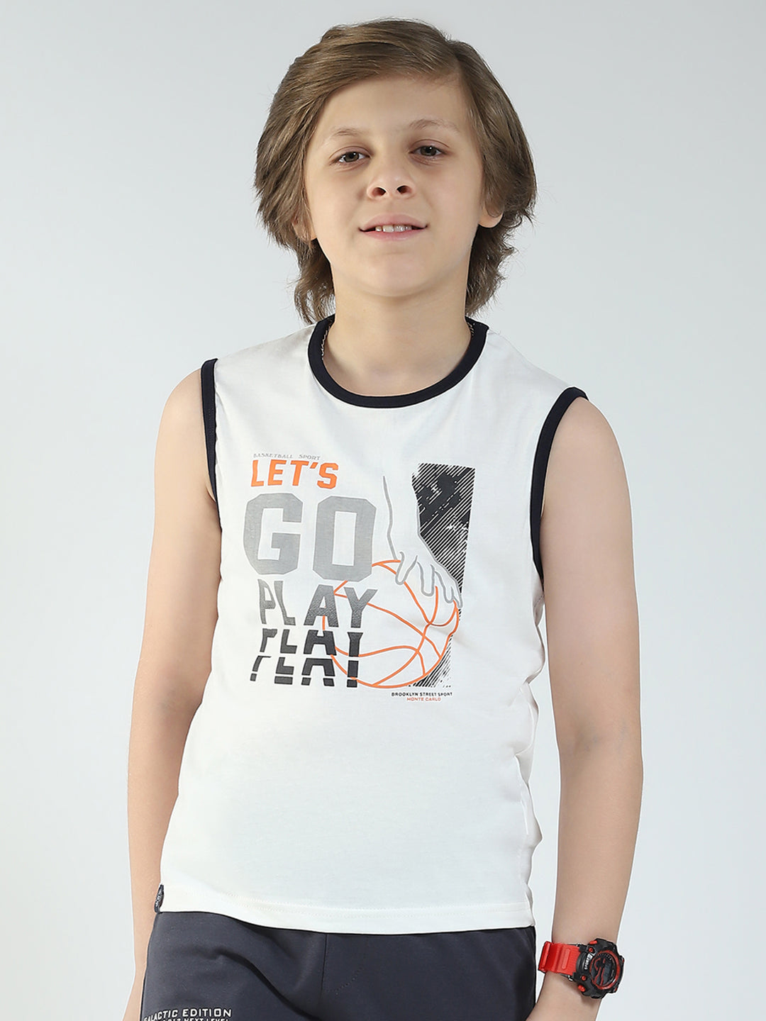 Boys Red & Off White Printed Round Neck Sleeveless T-Shirt (Pack of 2)