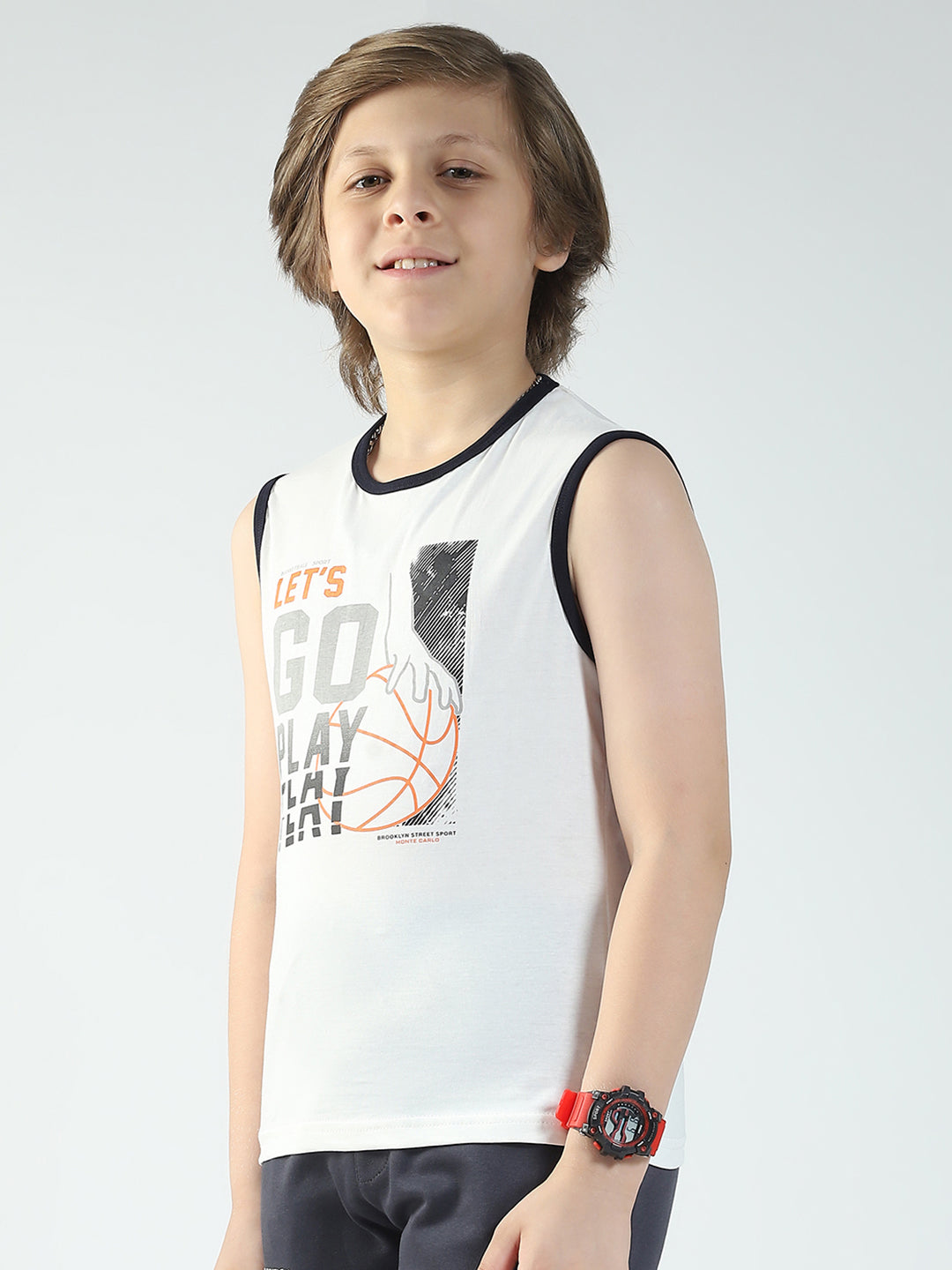 Boys Red & Off White Printed Round Neck Sleeveless T-Shirt (Pack of 2)