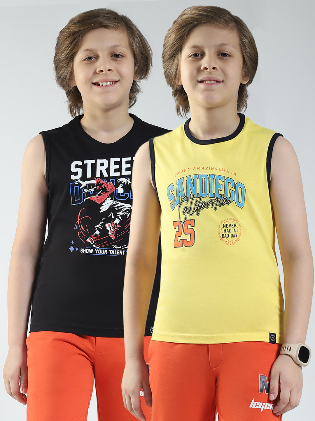 Boys Yellow & Black Printed Round Neck Sleeveless T-Shirt (Pack of 2)