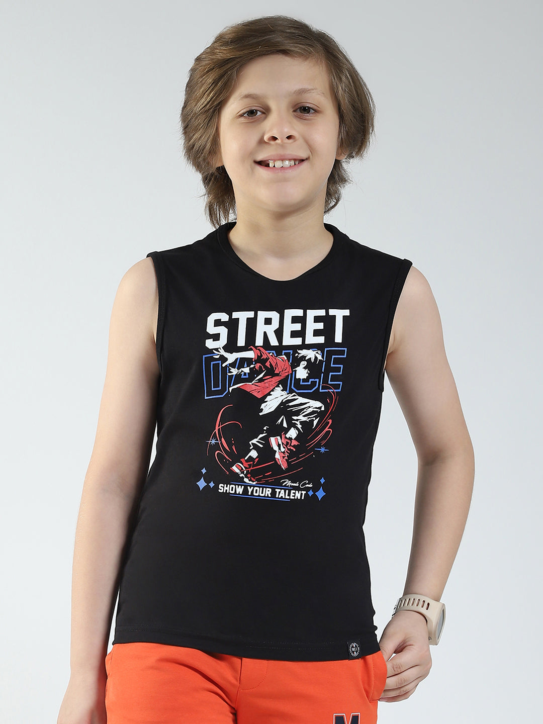 Boys Yellow & Black Printed Round Neck Sleeveless T-Shirt (Pack of 2)