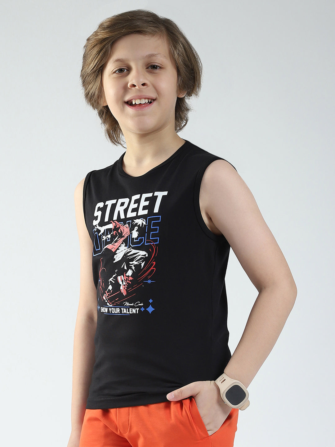 Boys Yellow & Black Printed Round Neck Sleeveless T-Shirt (Pack of 2)