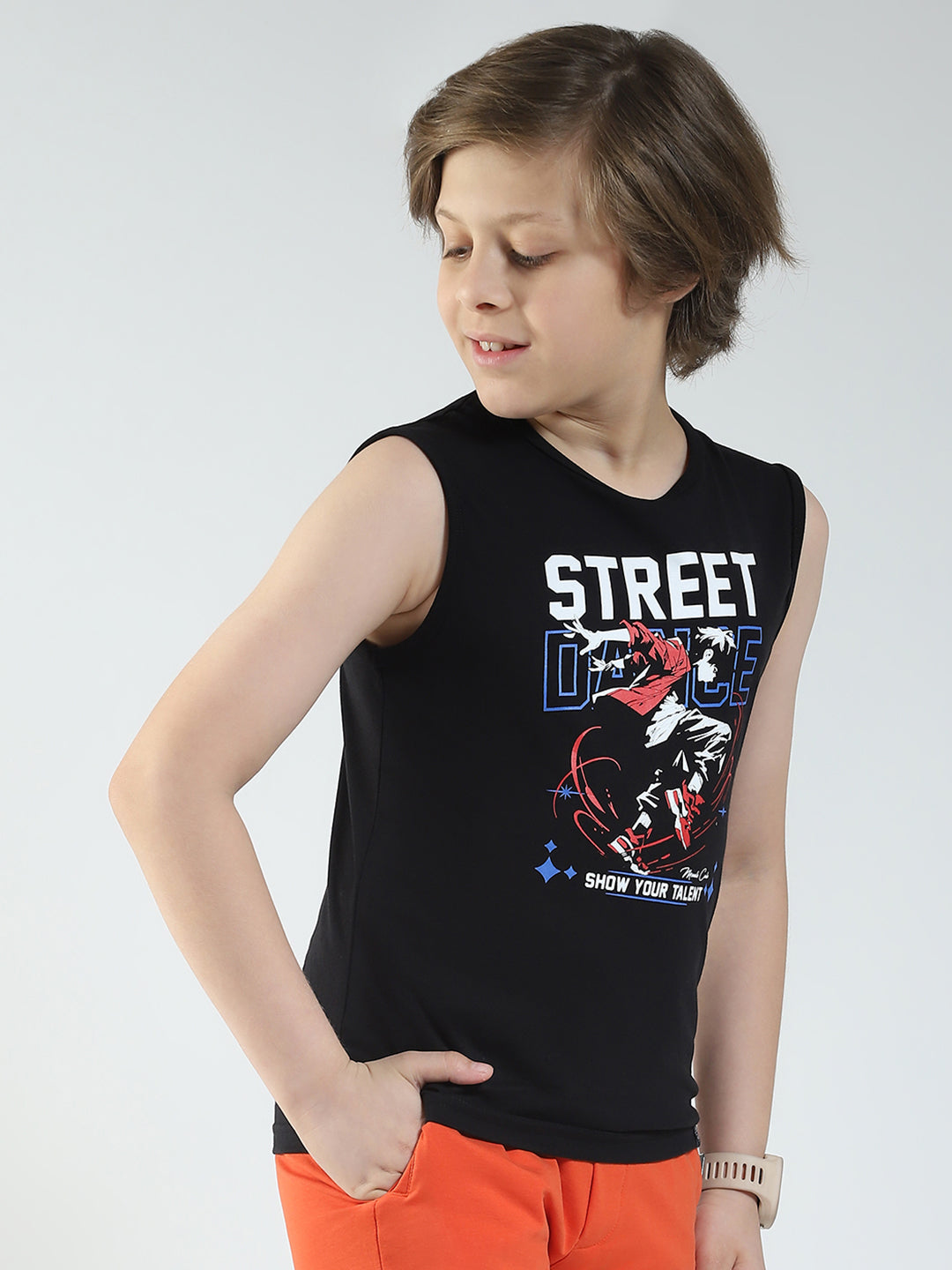 Boys Yellow & Black Printed Round Neck Sleeveless T-Shirt (Pack of 2)