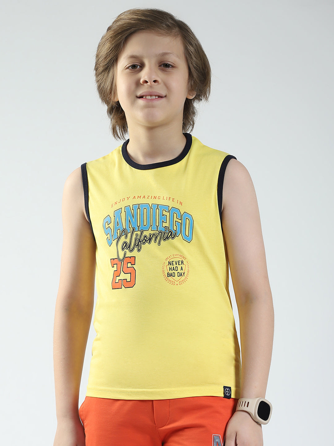 Boys Yellow & Black Printed Round Neck Sleeveless T-Shirt (Pack of 2)