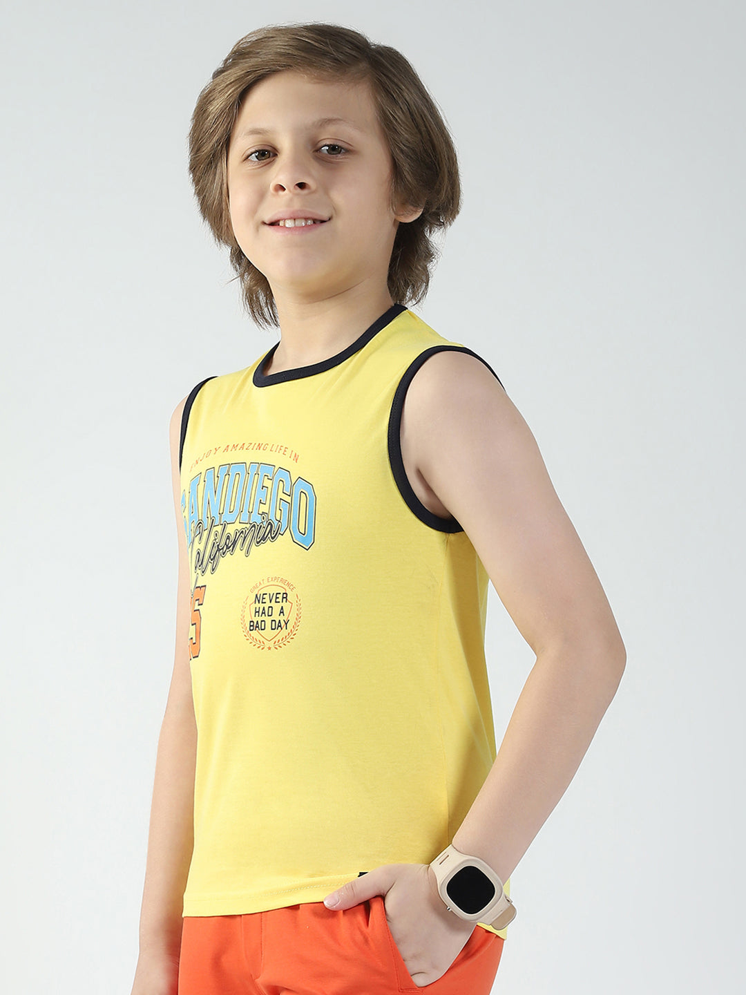 Boys Yellow & Black Printed Round Neck Sleeveless T-Shirt (Pack of 2)