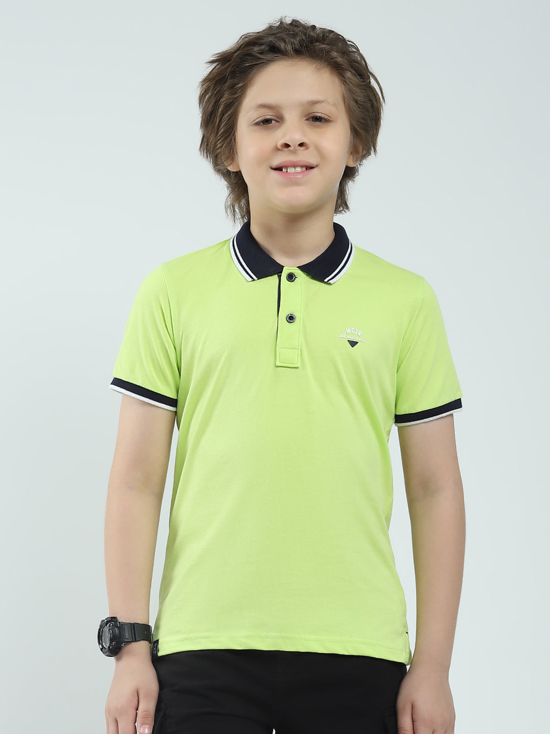 Boys Green Solid Collar Half Sleeve T-Shirt