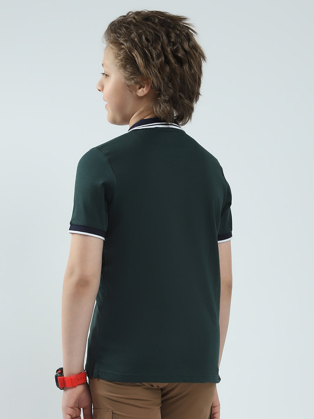 Boys Green Solid Collar Half Sleeve T-Shirt