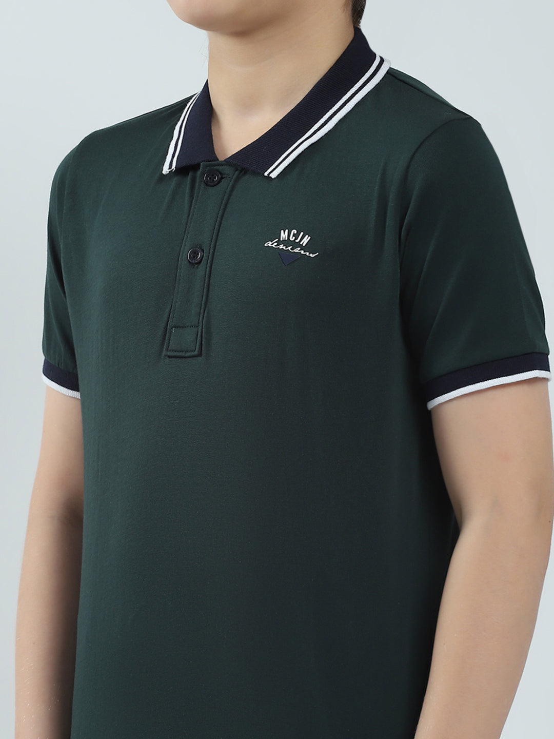 Boys Green Solid Collar Half Sleeve T-Shirt