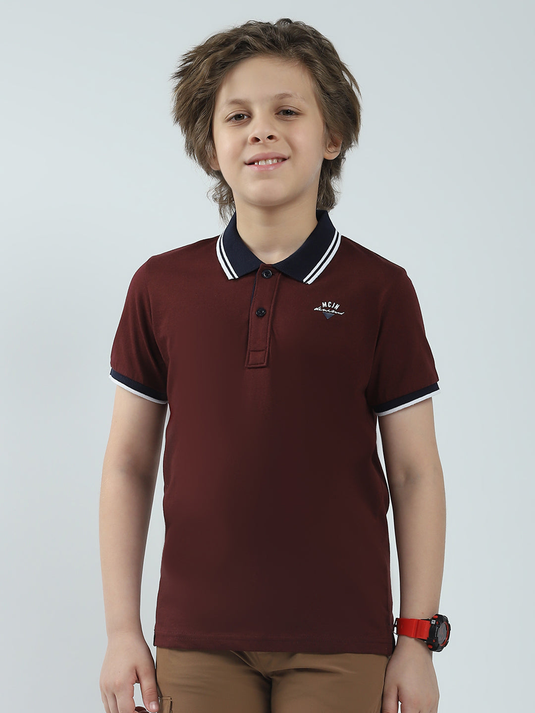 Boys Maroon Solid Collar Half Sleeve T-Shirt