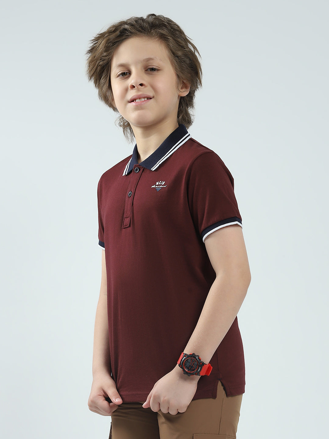 Boys Maroon Solid Collar Half Sleeve T-Shirt