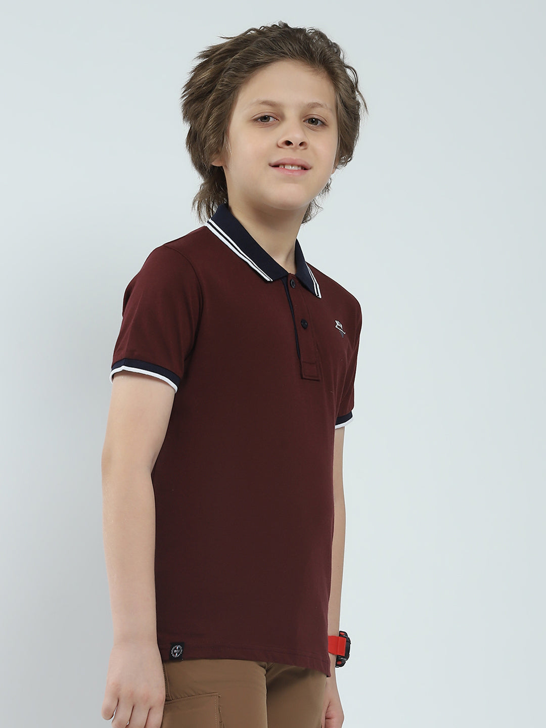 Boys Maroon Solid Collar Half Sleeve T-Shirt