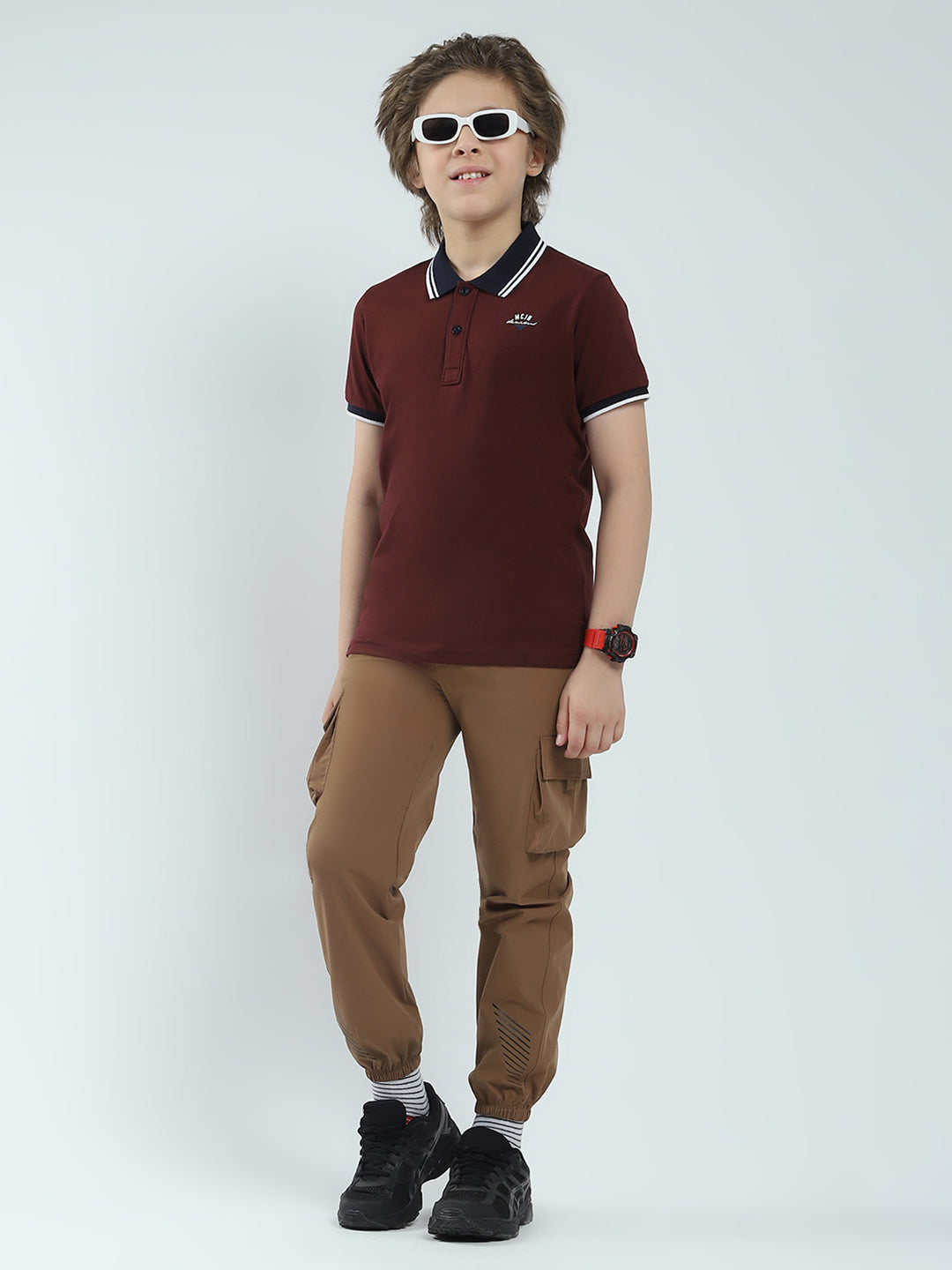 Boys Maroon Solid Collar Half Sleeve T-Shirt