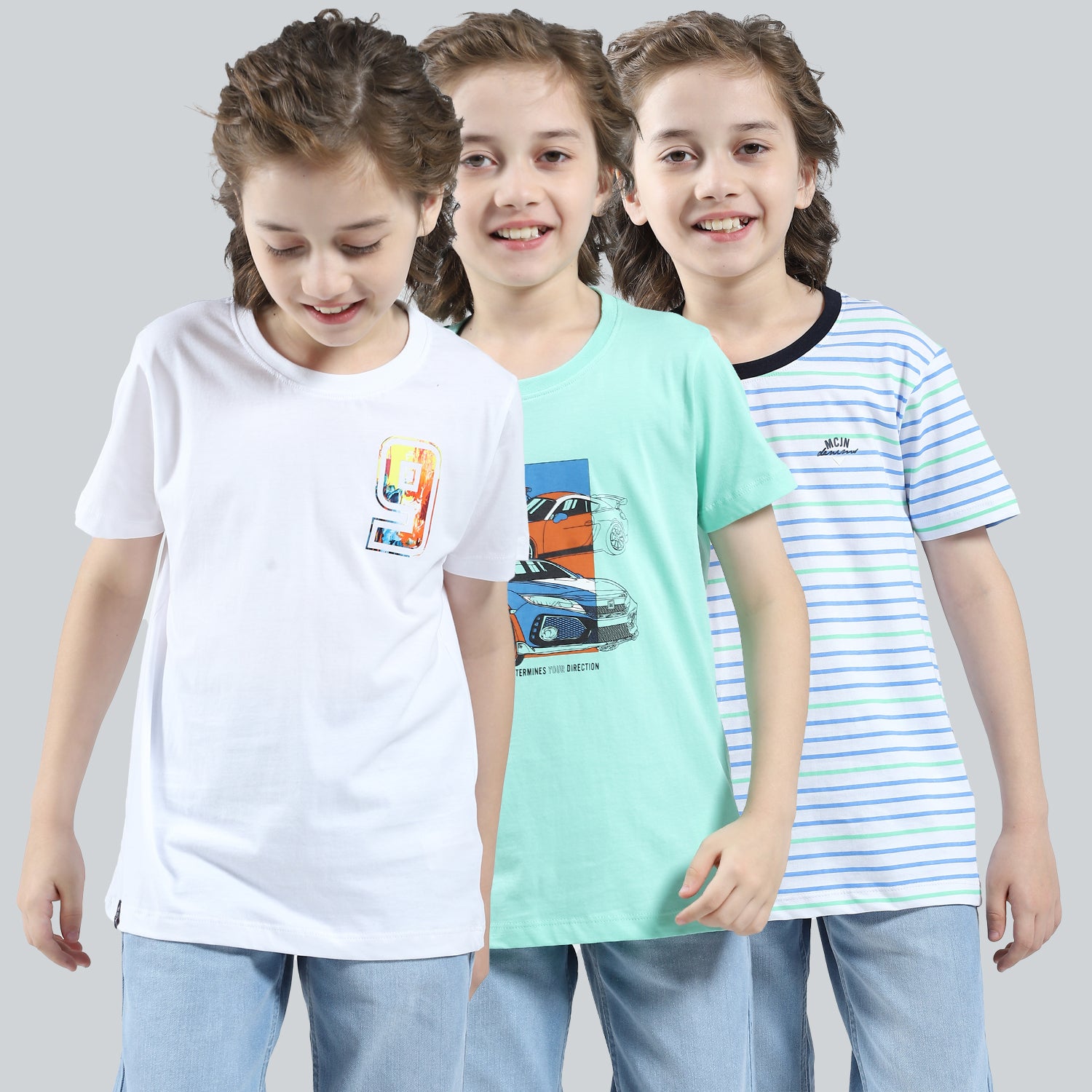 Boys White, Green & Blue Printed Round Neck Half Sleeve T-Shirt (Pack of 3)