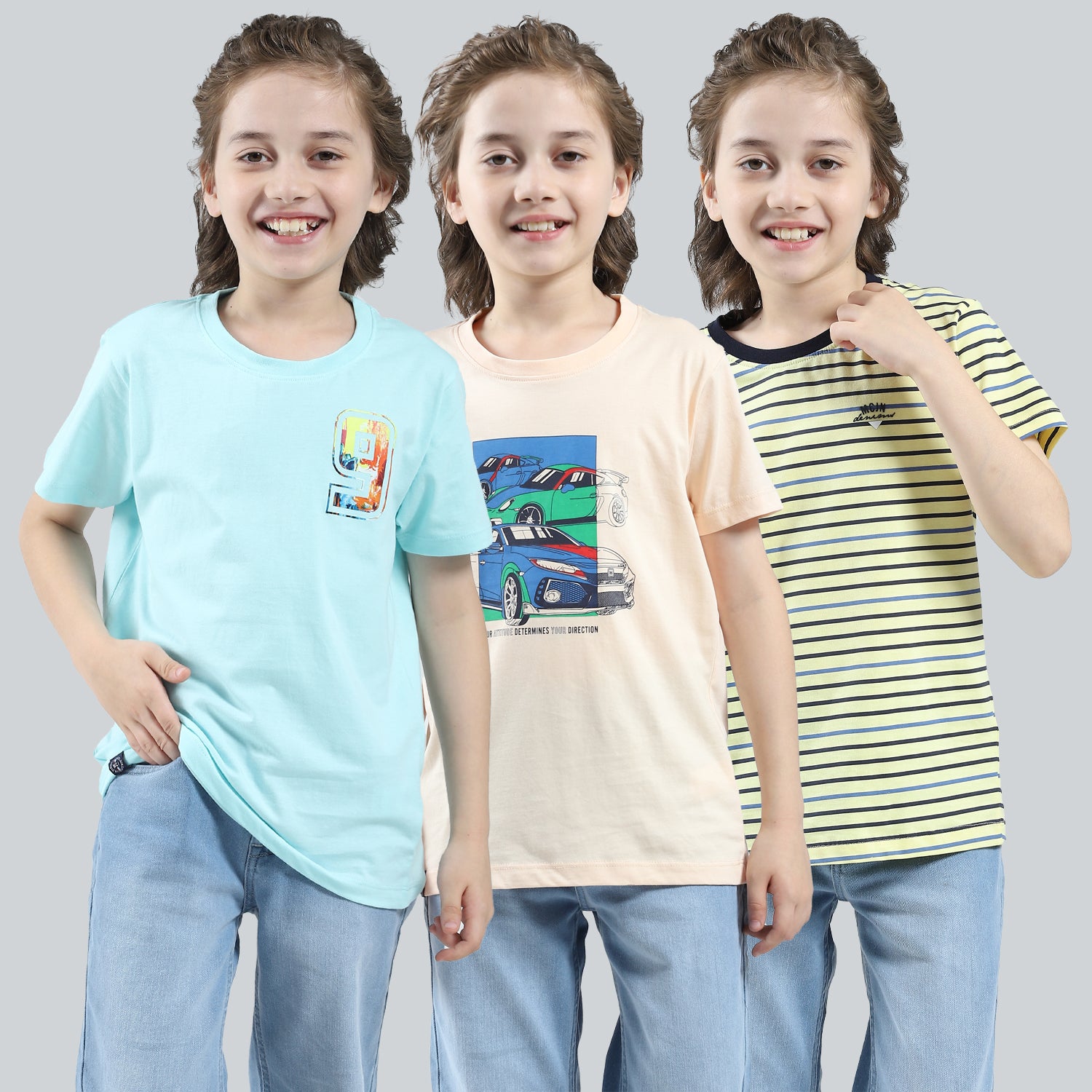 Boys Blue, Peach & Green Printed Round Neck Half Sleeve T-Shirt (Pack of 3)