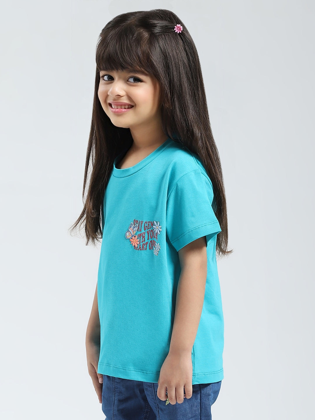 Girls Blue Solid Round Neck Half Sleeve Top