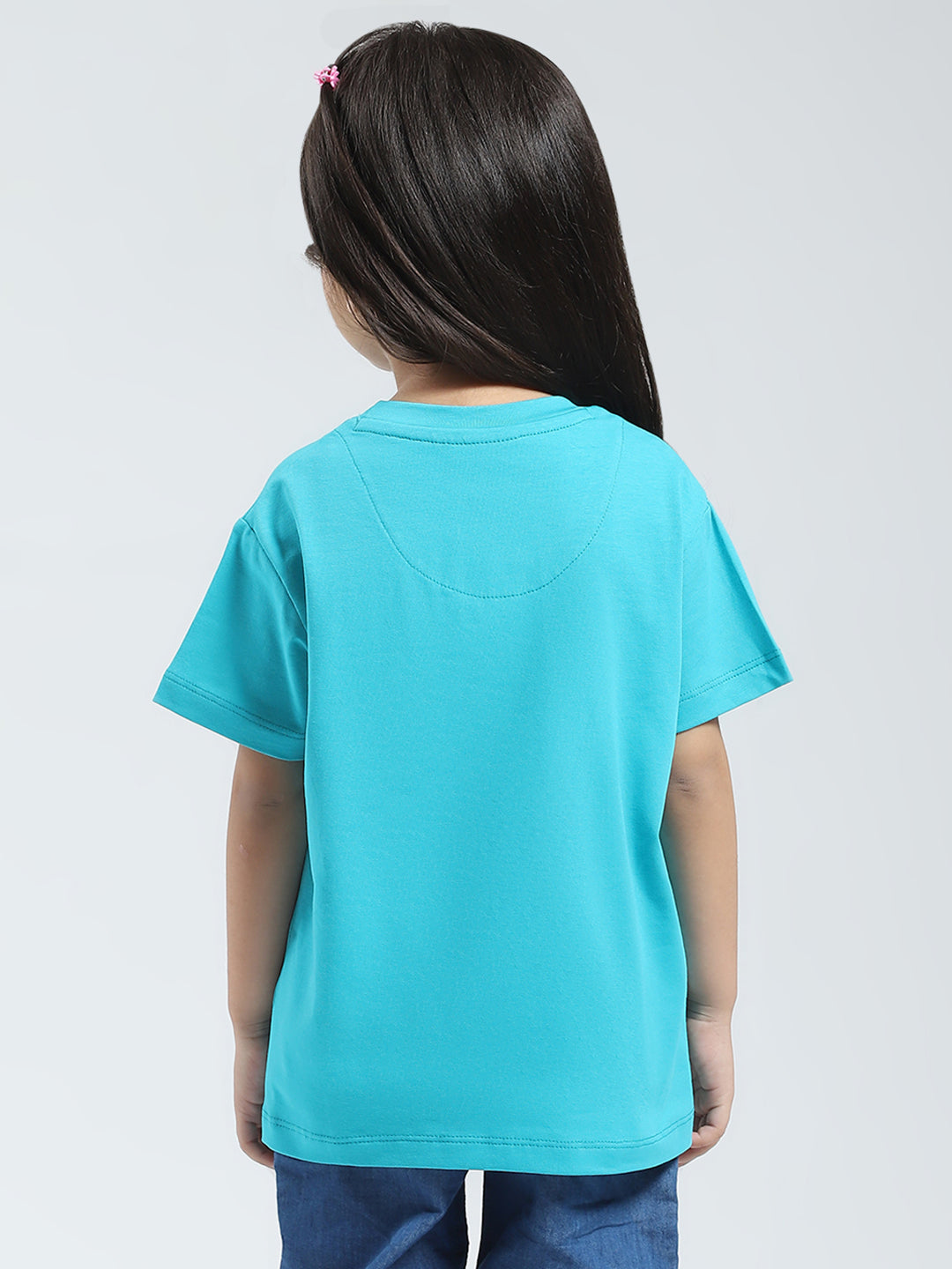 Girls Blue Solid Round Neck Half Sleeve Top