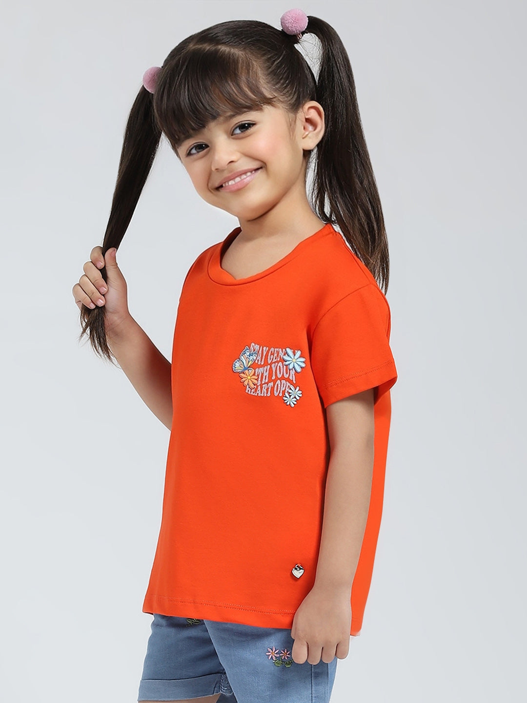 Girls Orange Solid Round Neck Half Sleeve Top