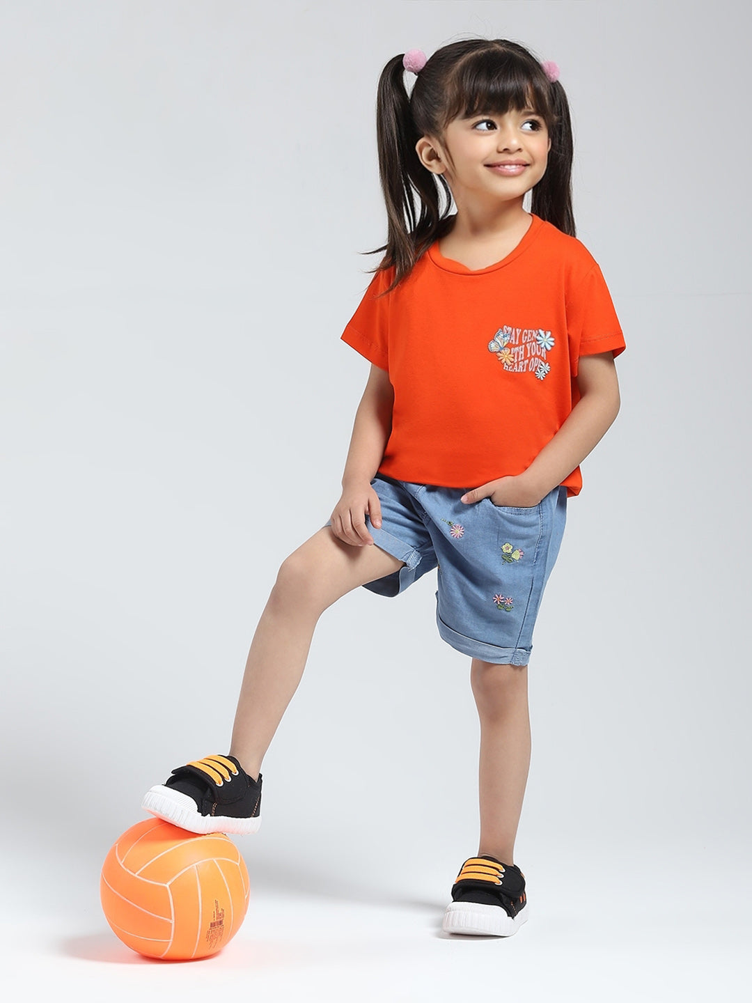 Girls Orange Solid Round Neck Half Sleeve Top