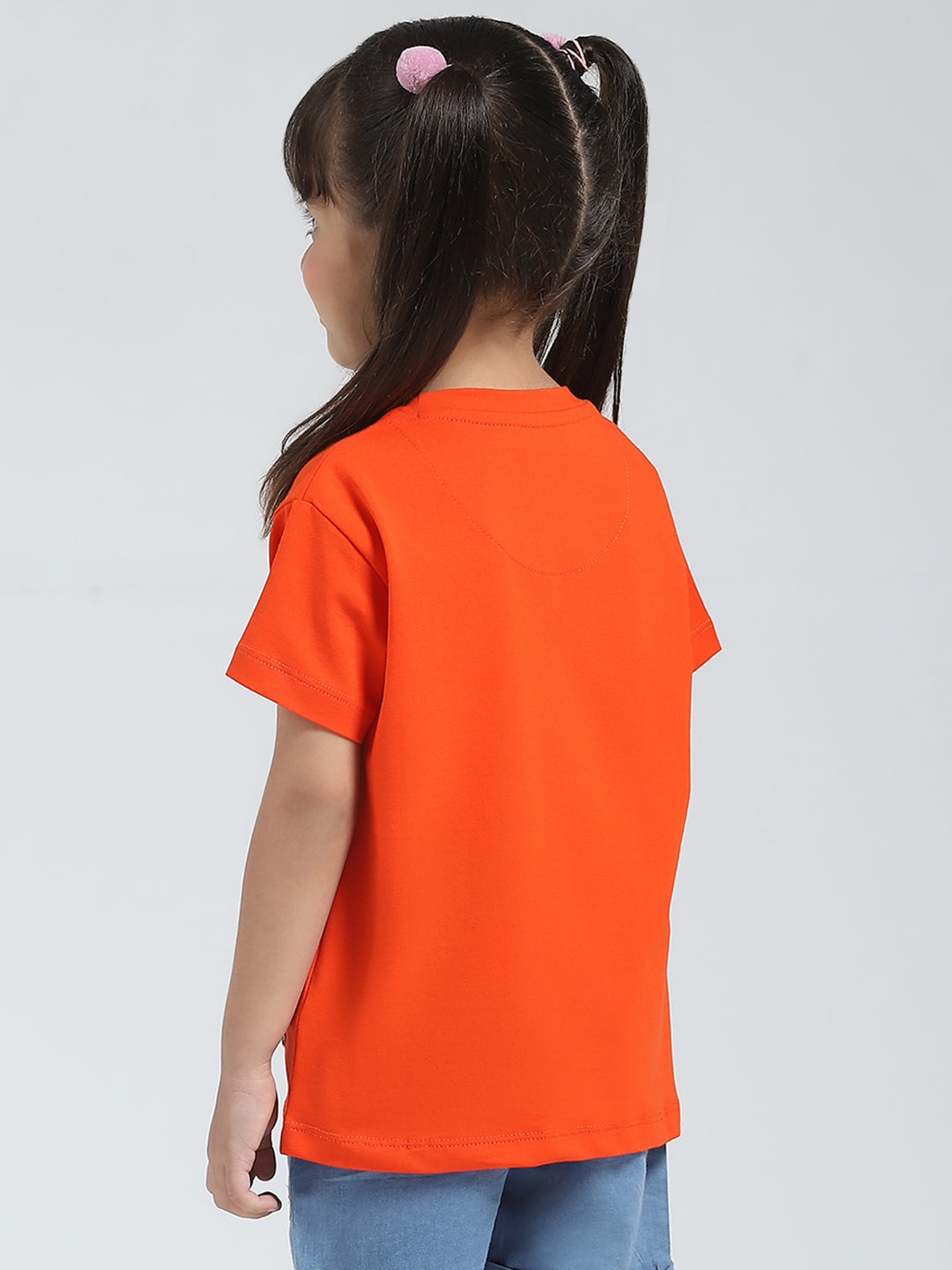 Girls Orange Solid Round Neck Half Sleeve Top
