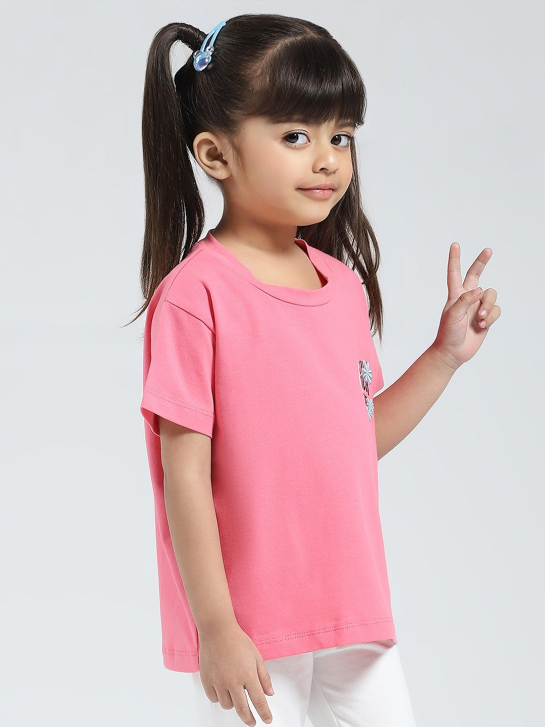 Girls Pink Solid Round Neck Half Sleeve Top