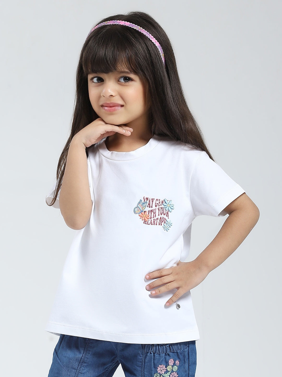 Girls White Solid Round Neck Half Sleeve Top