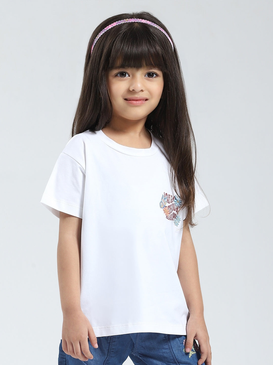 Girls White Solid Round Neck Half Sleeve Top
