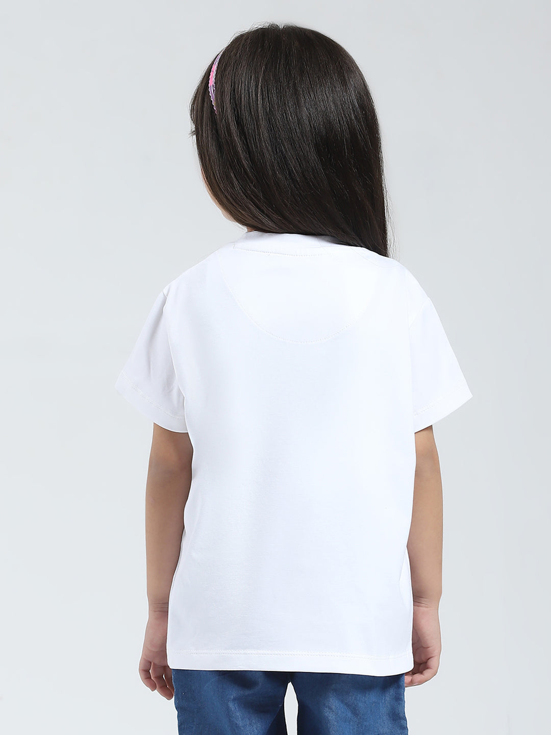 Girls White Solid Round Neck Half Sleeve Top