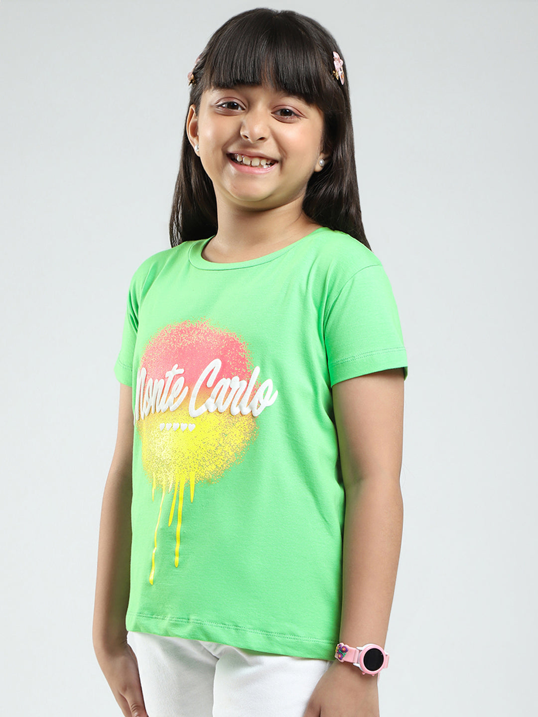 Girls Green Printed Round Neck Half Sleeve Top