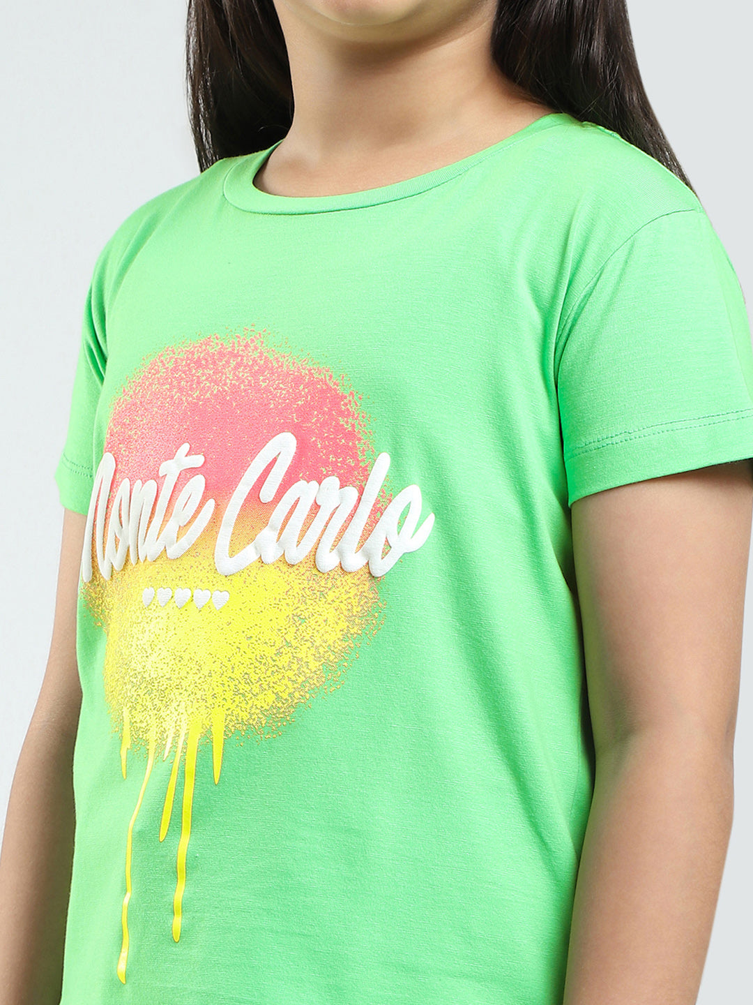 Girls Green Printed Round Neck Half Sleeve Top