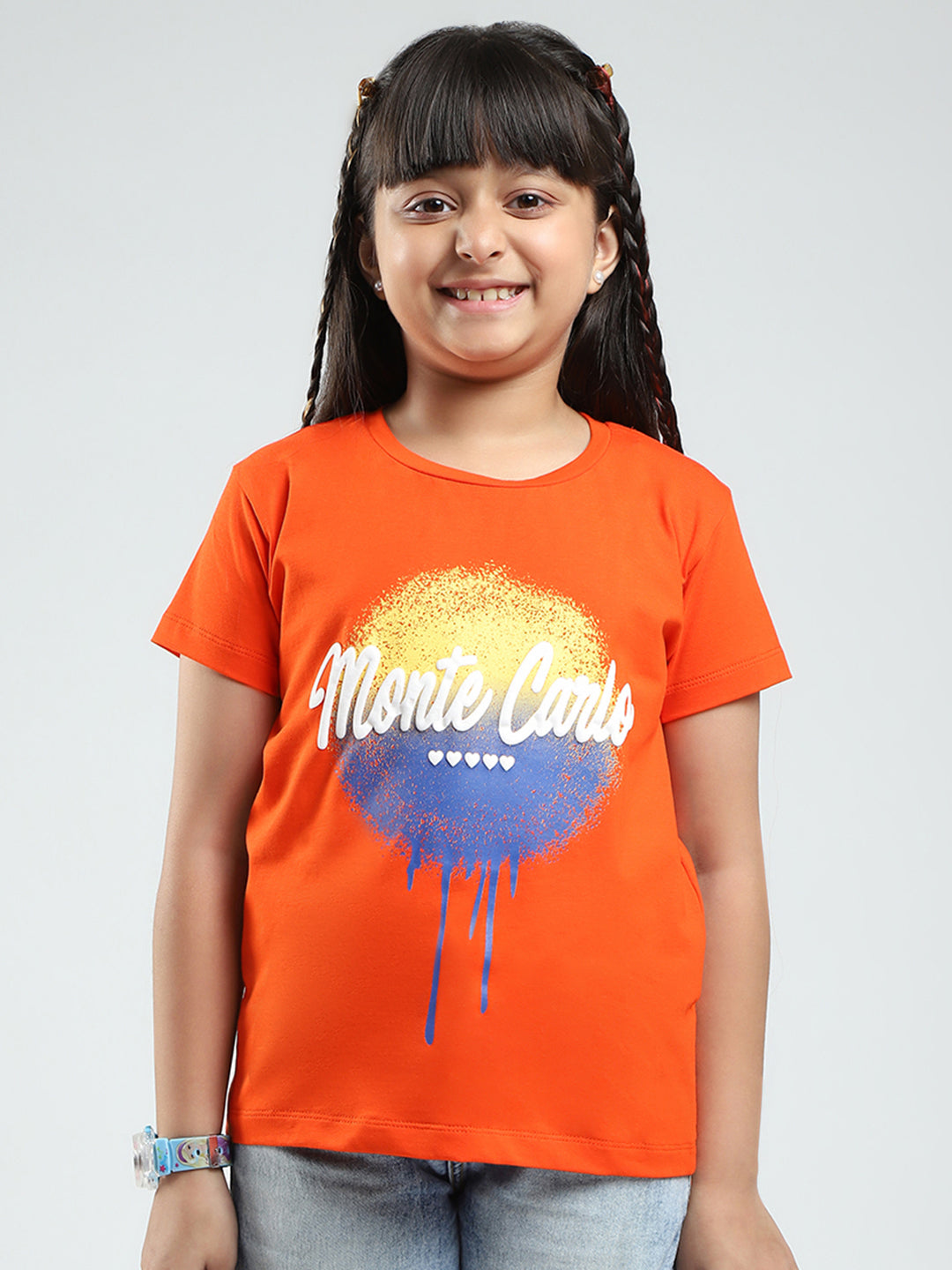 Girls Orange Printed Round Neck Half Sleeve Top