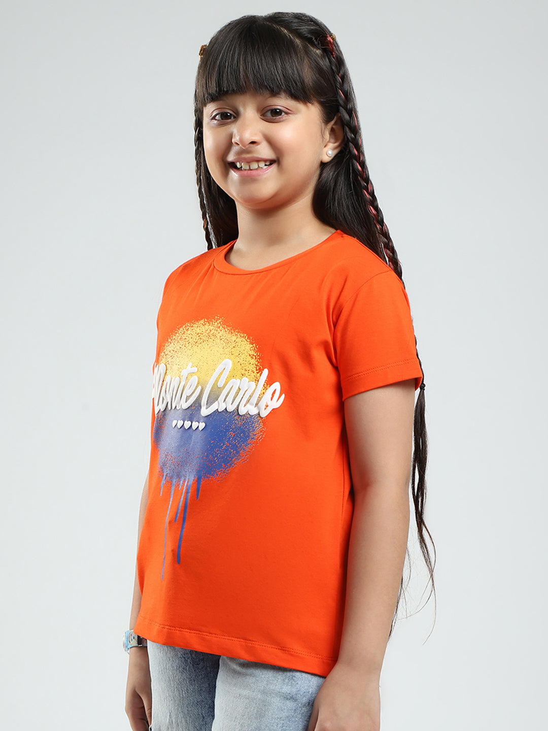 Girls Orange Printed Round Neck Half Sleeve Top