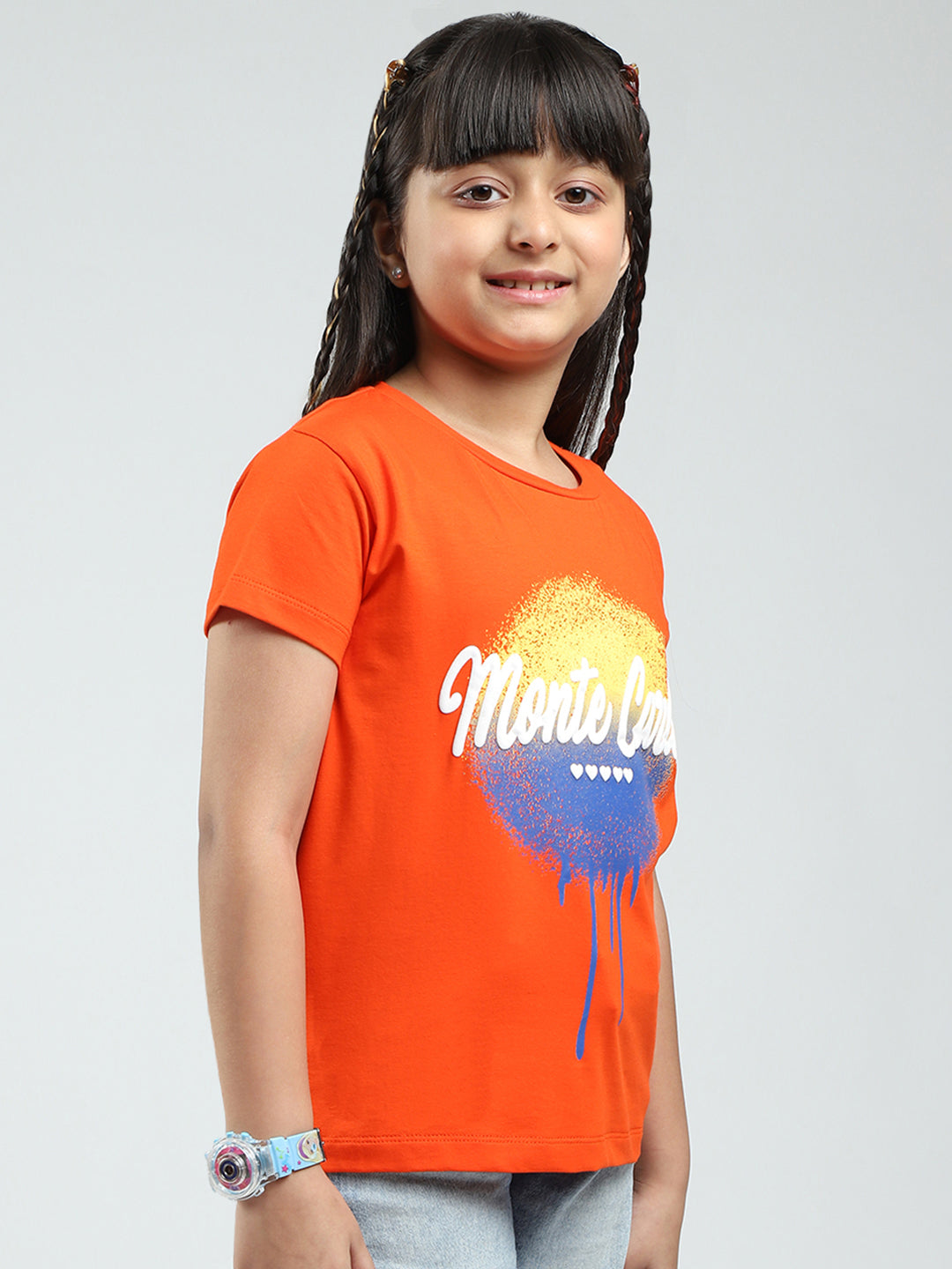 Girls Orange Printed Round Neck Half Sleeve Top
