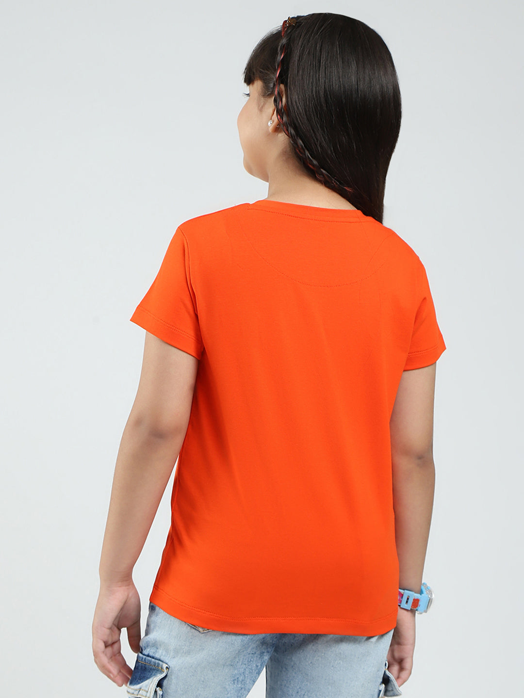 Girls Orange Printed Round Neck Half Sleeve Top