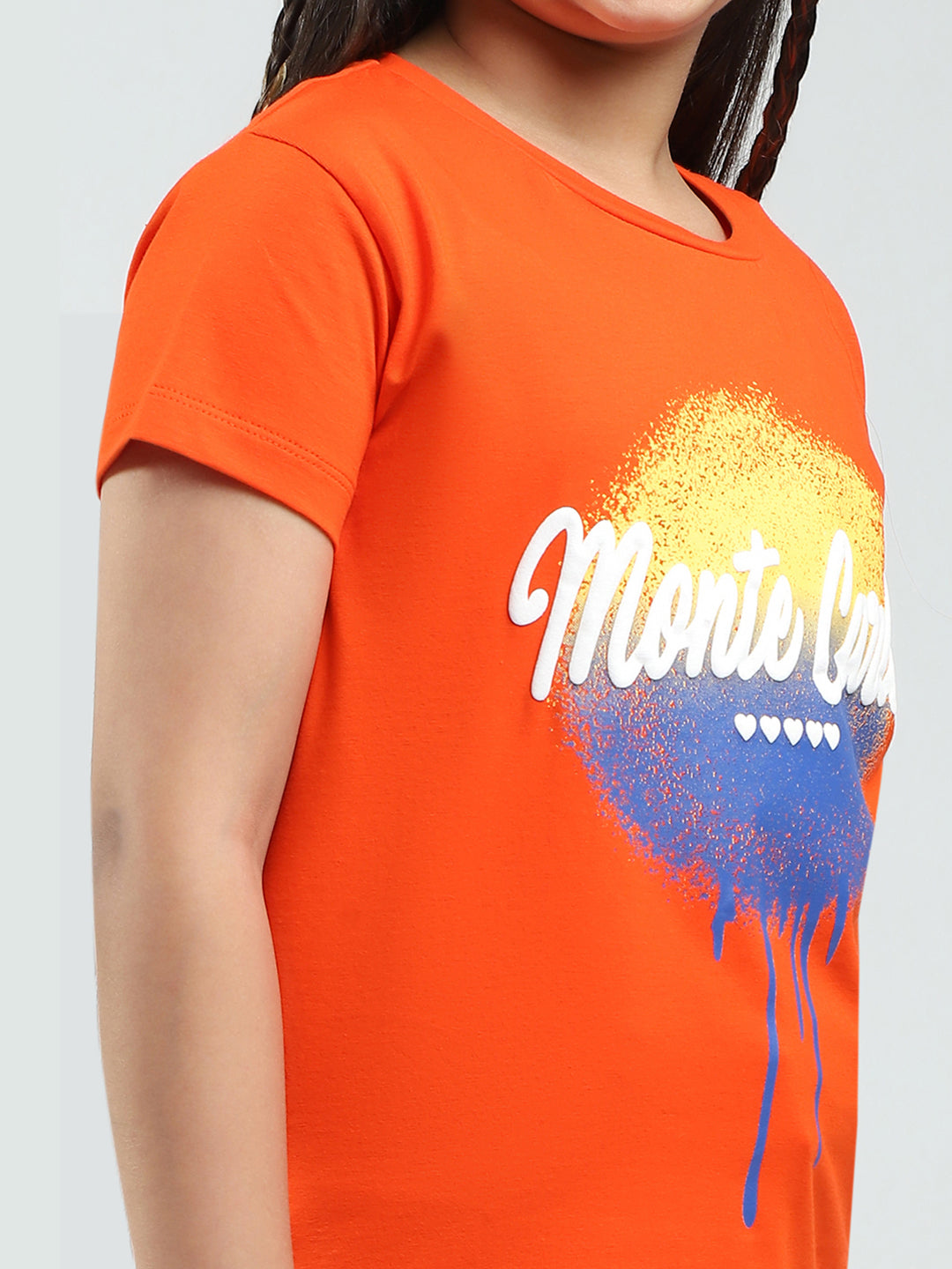 Girls Orange Printed Round Neck Half Sleeve Top
