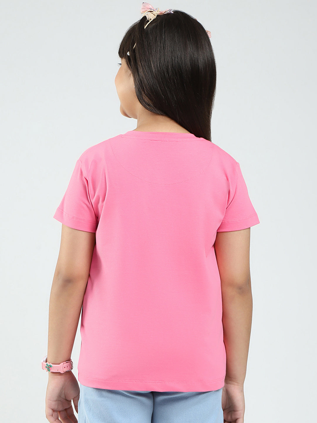 Girls Pink Printed Round Neck Half Sleeve Top