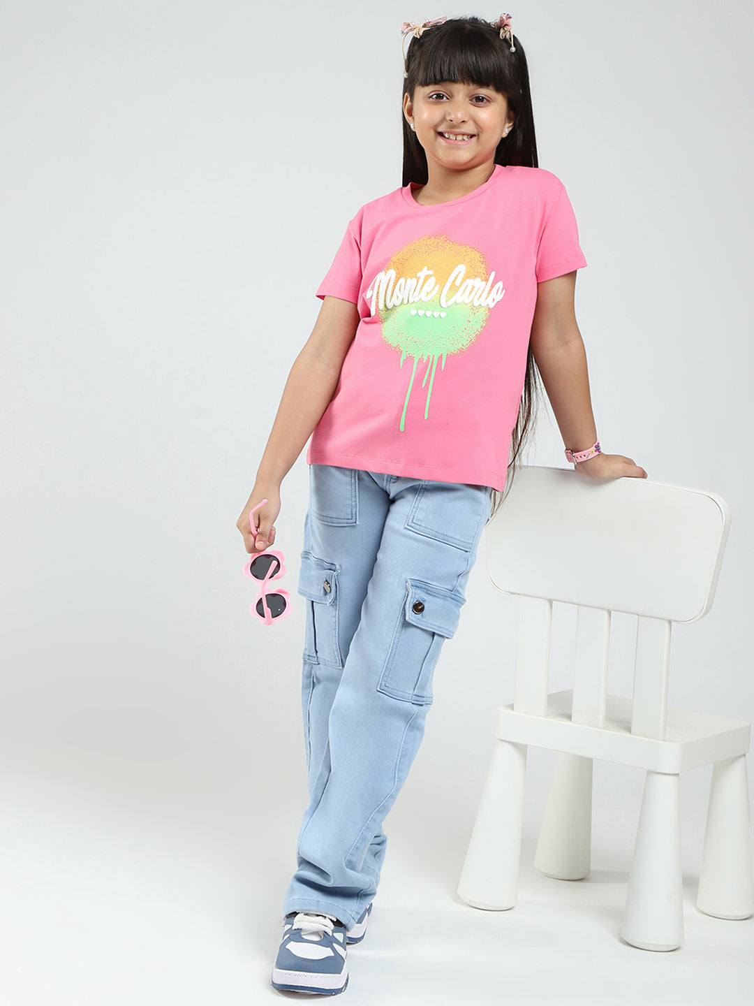 Girls Pink Printed Round Neck Half Sleeve Top