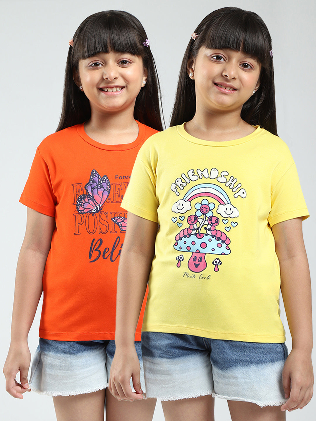Girls Yellow & Orange Printed Round Neck Half Sleeve Top 2Pc Set