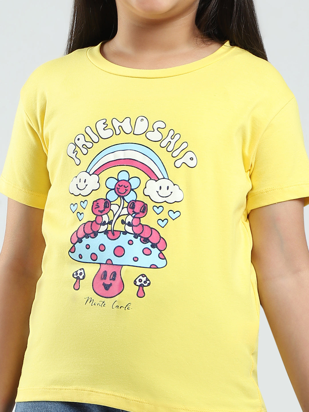 Girls Yellow & Orange Printed Round Neck Half Sleeve Top 2Pc Set