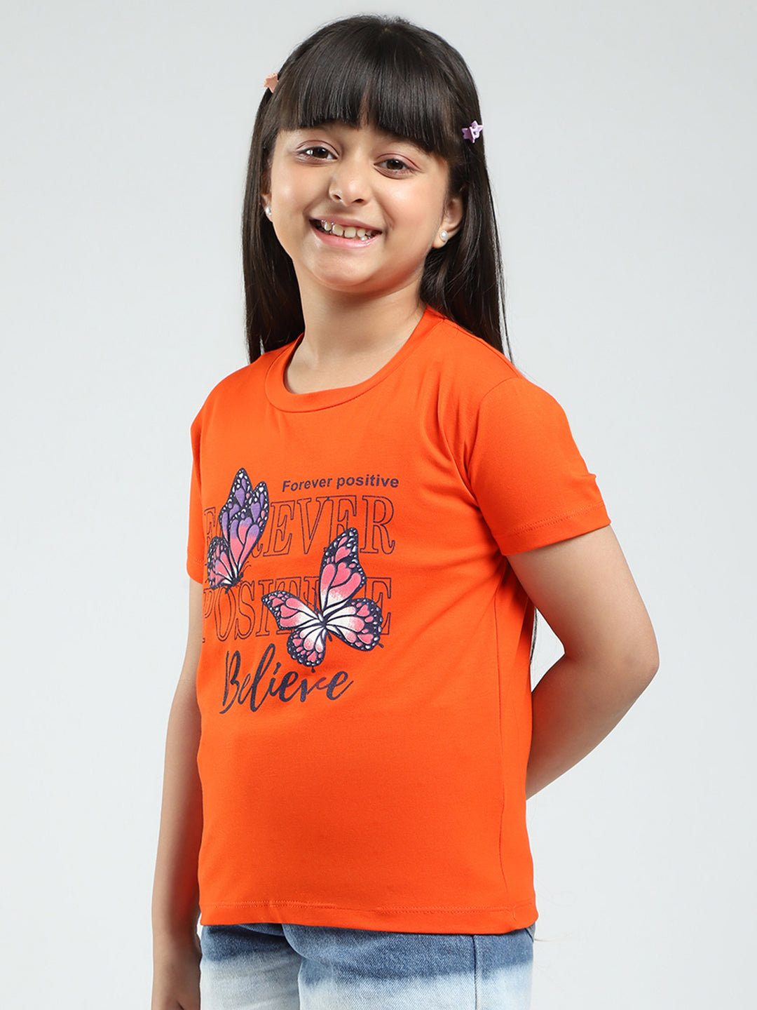 Girls Yellow & Orange Printed Round Neck Half Sleeve Top 2Pc Set