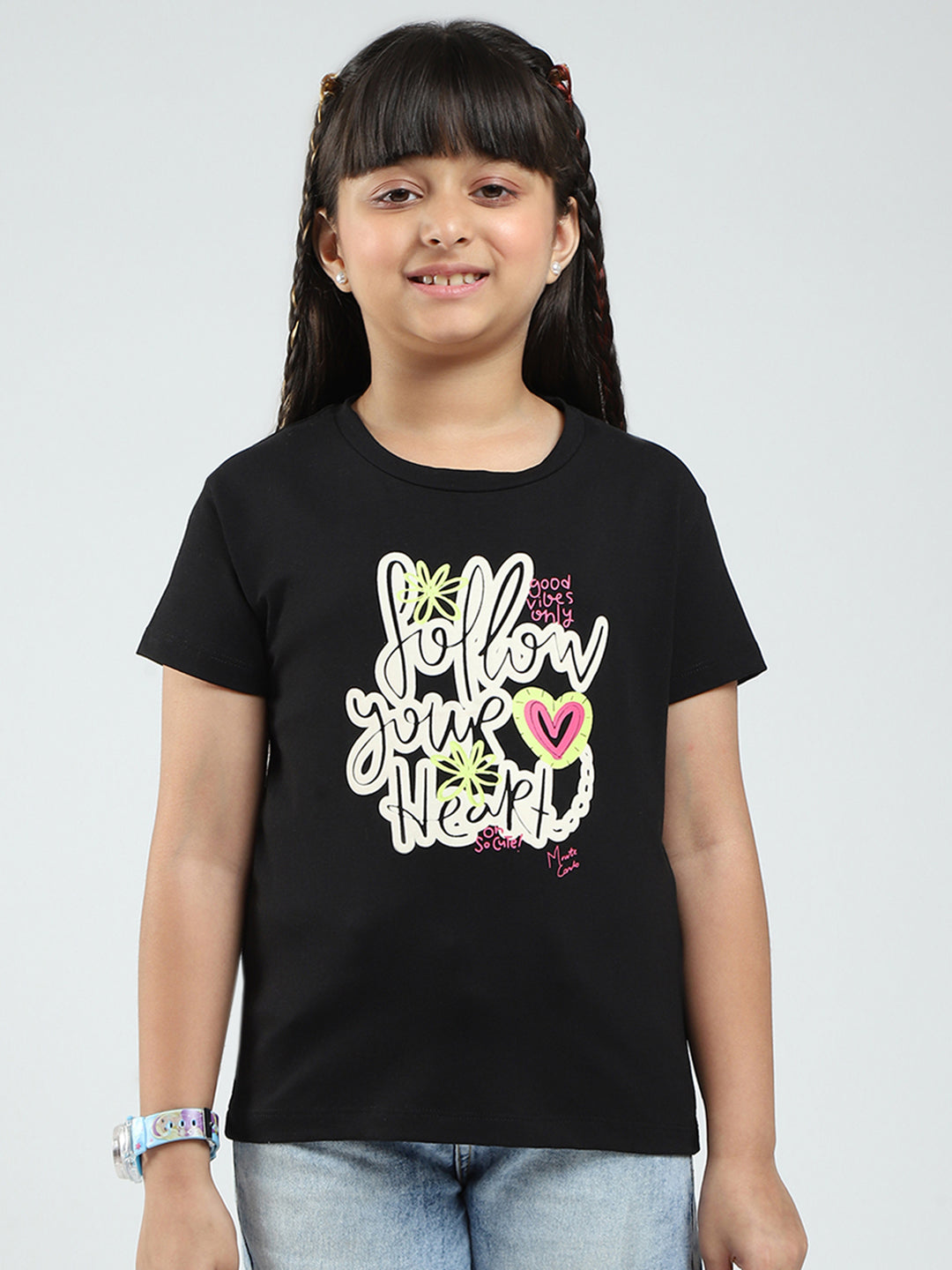 Girls Blue & Black Printed Round Neck Half Sleeve Top 2Pc Set